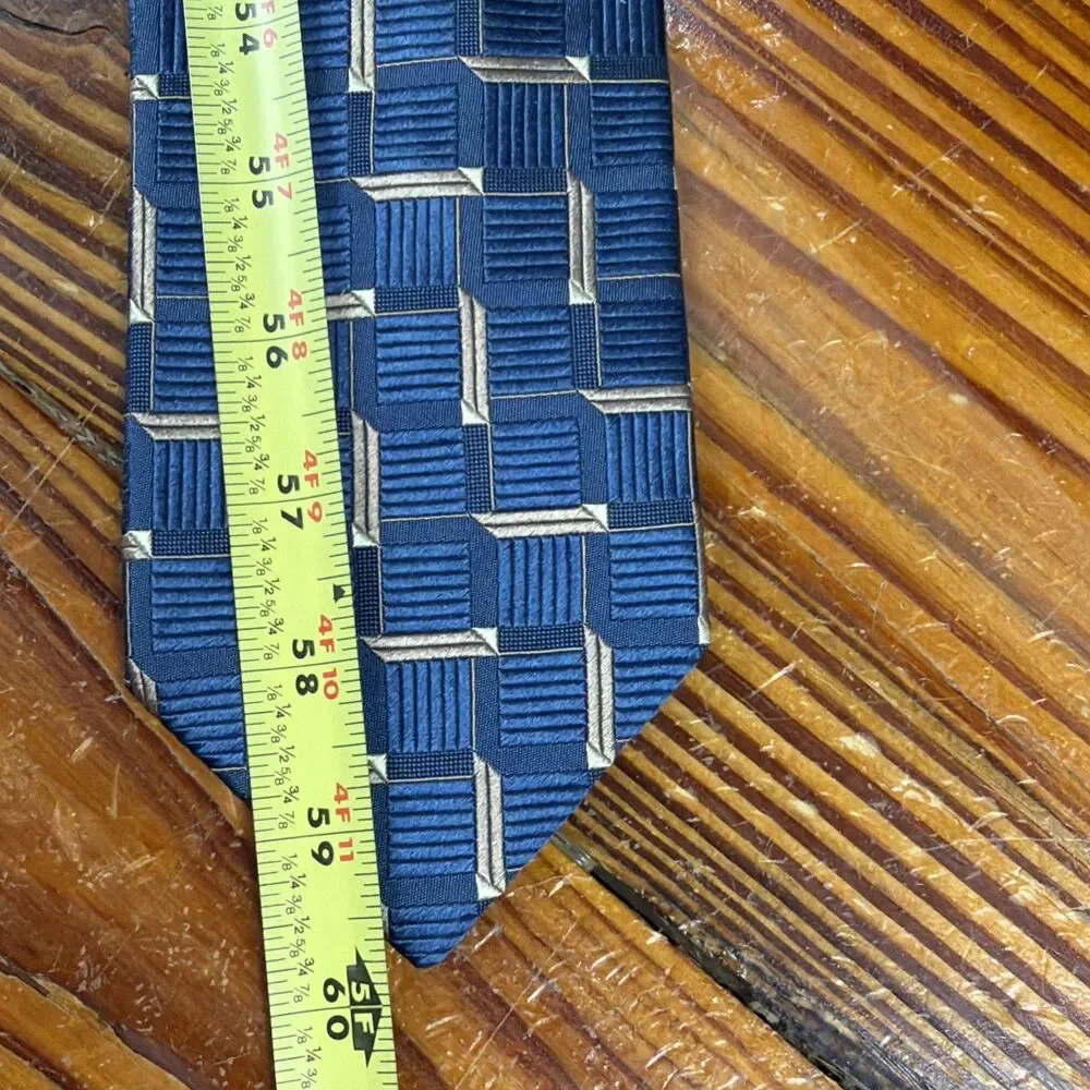ERMENEGILDO ZEGNA ***** Silk Necktie ITALY Luxury Geometric Blue/Gold Check EUC